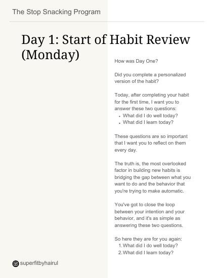 Day 1 page from the Stop Snacking Program