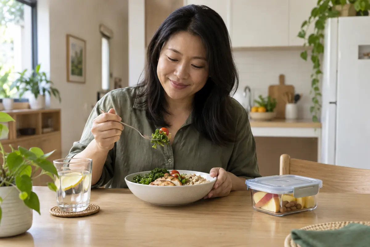 Enjoying a balanced meal as part of a regular eating routine
