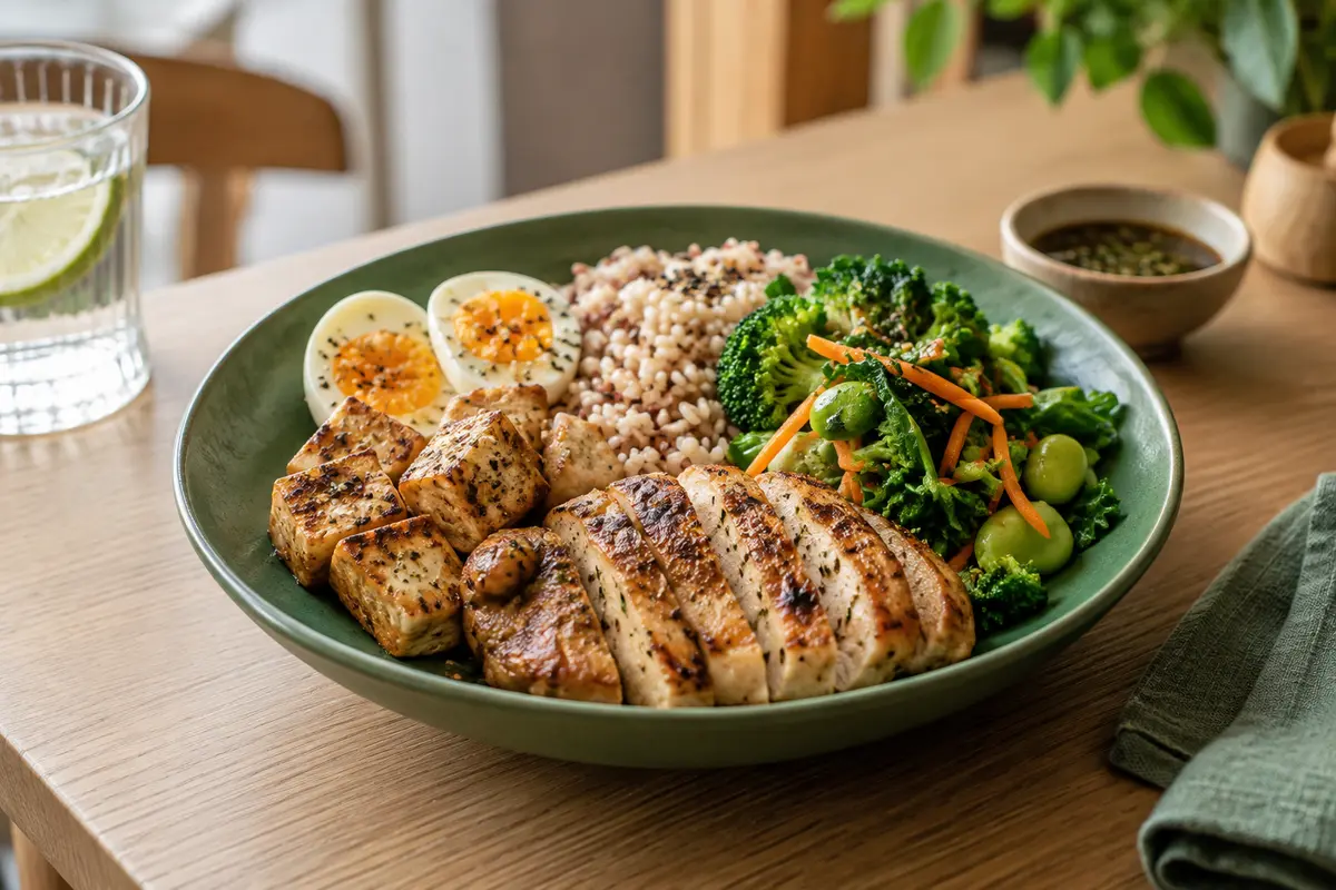A balanced plate with chicken, tofu, egg, rice and vegetables