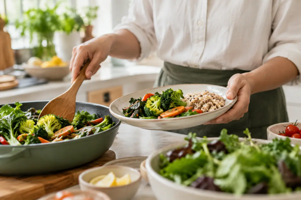 Adding a generous serving of colourful vegetables to a plate