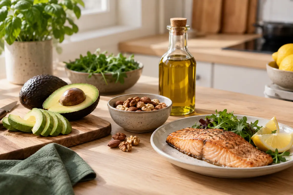 Avocado, nuts, olive oil and salmon arranged on a kitchen table