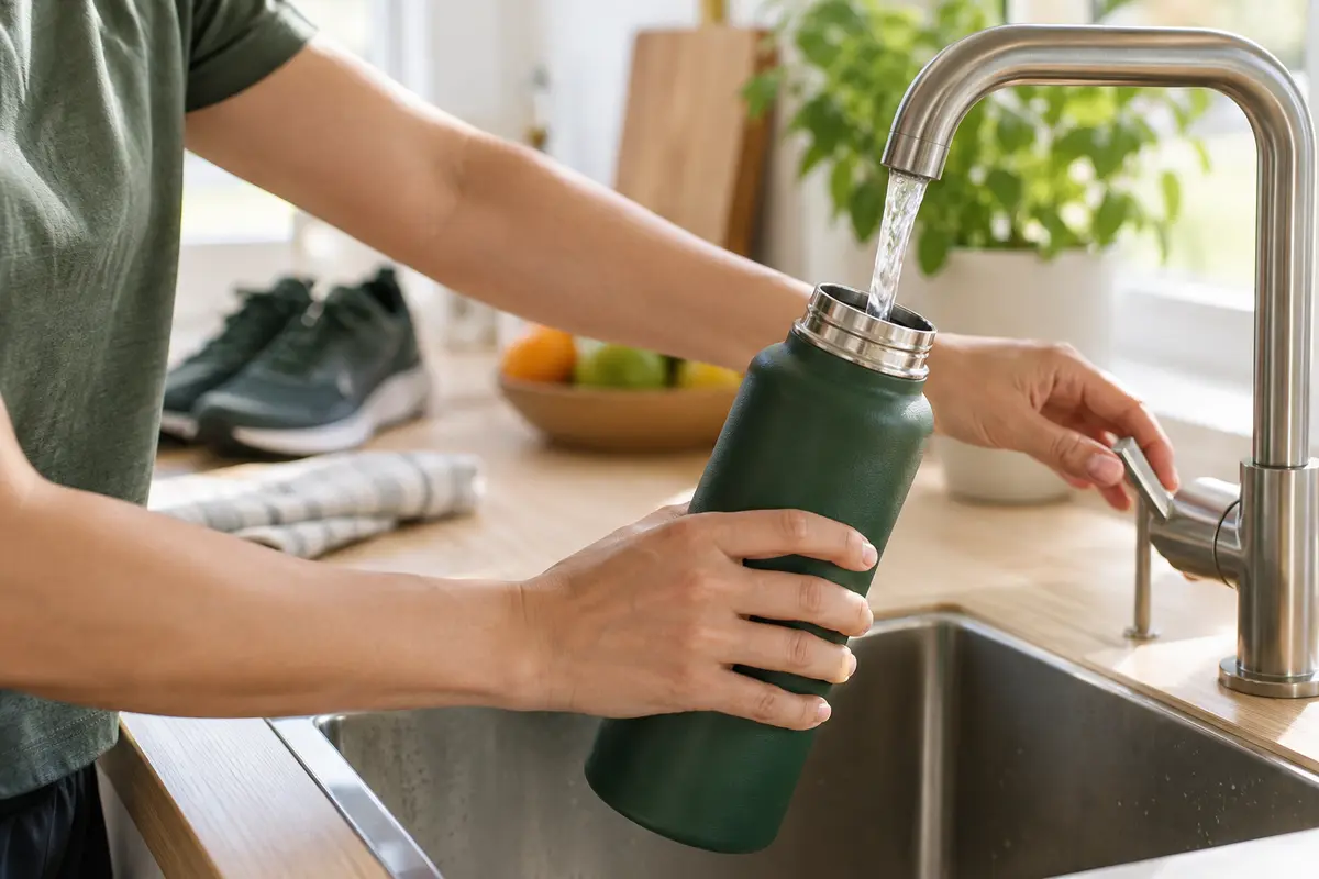 Filling a reusable water bottle before exercise