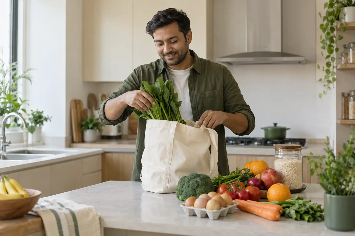 Unpacking fresh whole-food groceries in a home kitchen