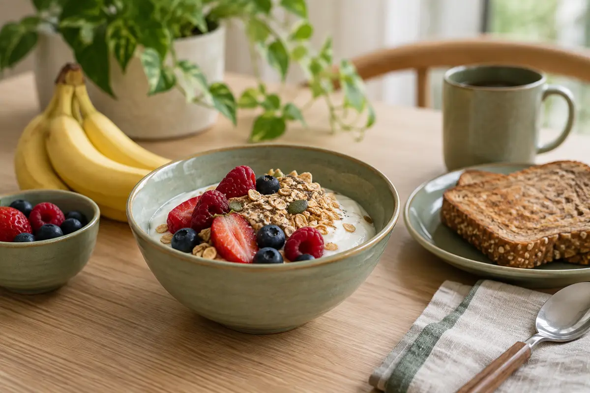 Yoghurt, berries, oats, fruit and wholegrain toast